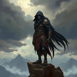 A rogue Aarakocra character with sleek feathers and a mysterious, adventurous expression, standing confidently on a rocky cliff edge