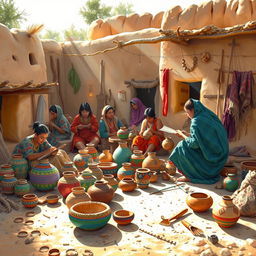 A rich depiction of Puebloan daily life, showcasing a lively scene filled with vibrant traditional pottery and handmade tools