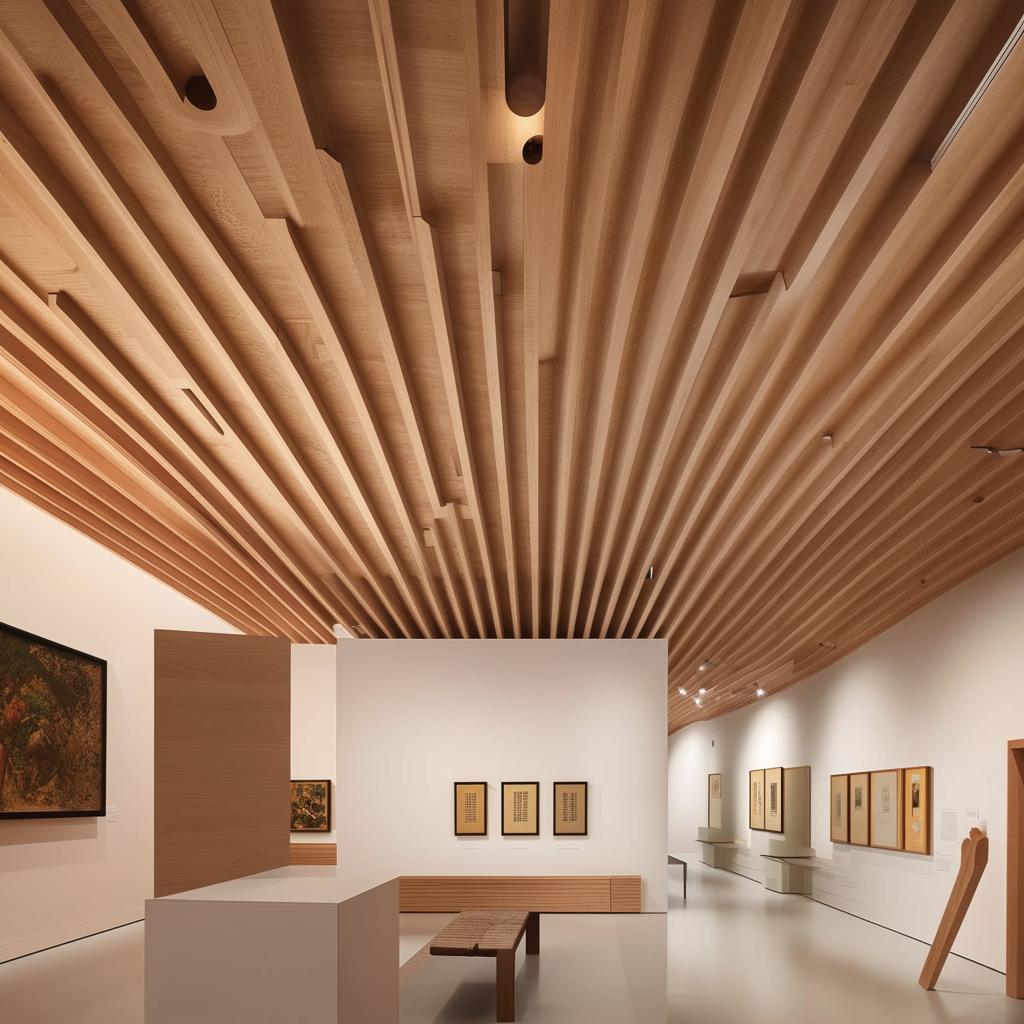 Design a striking exhibition area within an art museum, filled with intriguing display objects and artifacts. Above, a wooden coffered ceiling adds depth and architectural interest.