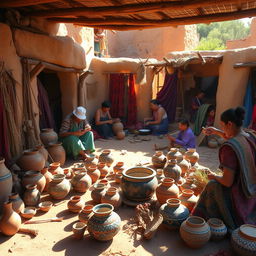 A rich depiction of Puebloan daily life, showcasing a lively scene filled with vibrant traditional pottery and handmade tools