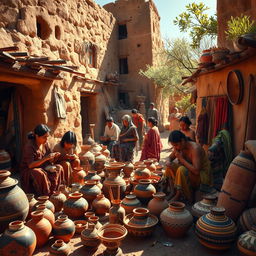 A rich depiction of Puebloan daily life, showcasing a lively scene filled with vibrant traditional pottery and handmade tools