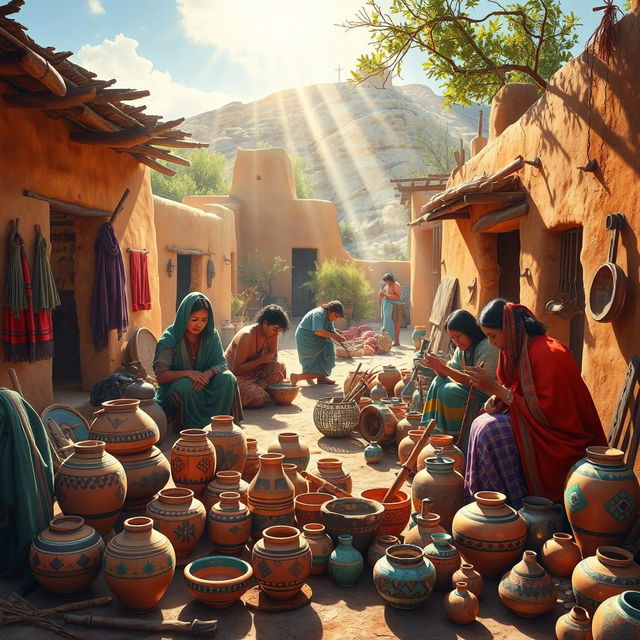 A rich depiction of Puebloan daily life, showcasing a lively scene filled with vibrant traditional pottery and handmade tools