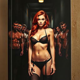 A captivating erotica book cover featuring a stunning red-haired woman in sexy lingerie, exuding confidence and allure