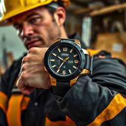 A constructor confidently wearing a tactical watch with a sleek black and gold design, featuring the word 'PROG' displayed prominently on the watch face