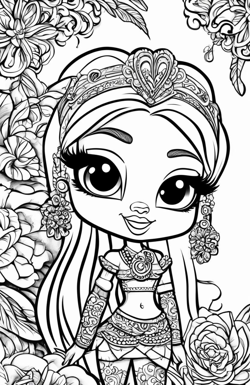 A black and white Bratz character illustration in the style of Tim Jeffs, filled with intricate details, designed as a colouring book page