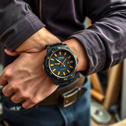 A constructor confidently wearing a tactical watch with a sleek black and gold design, featuring the word 'PROG' displayed prominently on the watch face