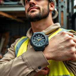 A constructor confidently wearing a tactical watch with a sleek black and gold design, featuring the word 'PROG' displayed prominently on the watch face
