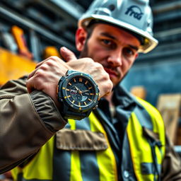 A constructor confidently wearing a tactical watch with a sleek black and gold design, featuring the word 'PROG' displayed prominently on the watch face