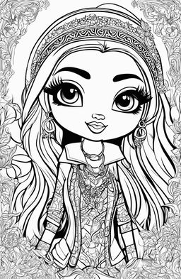 A black and white Bratz character illustration in the style of Tim Jeffs, filled with intricate details, designed as a colouring book page