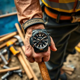 A constructor wearing a tactical watch with a striking black and gold design on their wrist, prominently featuring the word 'PROG'