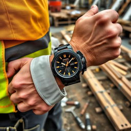 A constructor wearing a tactical watch with a striking black and gold design on their wrist, prominently featuring the word 'PROG'