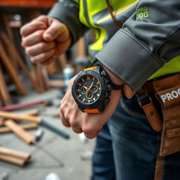 A constructor wearing a tactical watch with a striking black and gold design on their wrist, prominently featuring the word 'PROG'