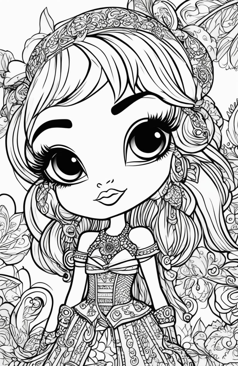 A black and white Bratz character illustration in the style of Tim Jeffs, filled with intricate details, designed as a colouring book page