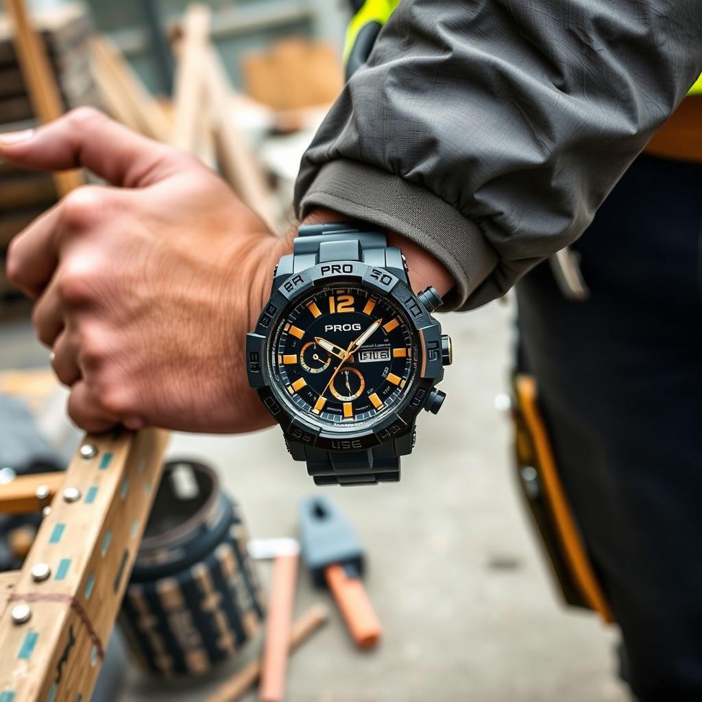 A constructor wearing a tactical watch with a striking black and gold design on their wrist, prominently featuring the word 'PROG'