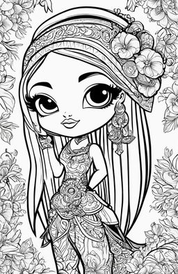 A black and white Bratz character illustration in the style of Tim Jeffs, filled with intricate details, designed as a colouring book page