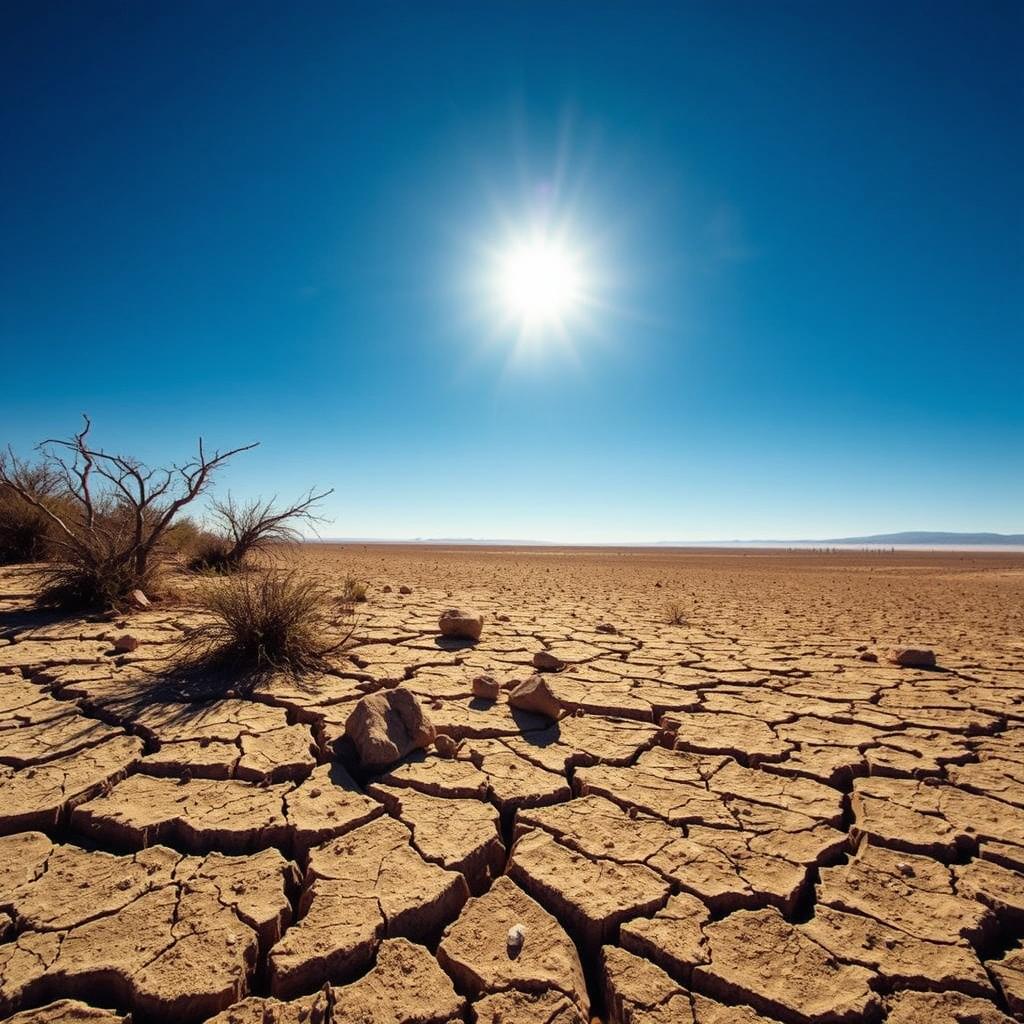 An evocative arid landscape vividly illustrating drought conditions, characterized by cracked, dry earth stretching out under a relentless sun