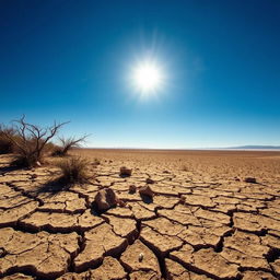 An evocative arid landscape vividly illustrating drought conditions, characterized by cracked, dry earth stretching out under a relentless sun