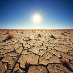 An evocative arid landscape vividly illustrating drought conditions, characterized by cracked, dry earth stretching out under a relentless sun