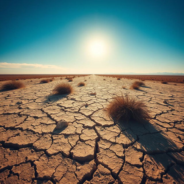 An evocative arid landscape vividly illustrating drought conditions, characterized by cracked, dry earth stretching out under a relentless sun