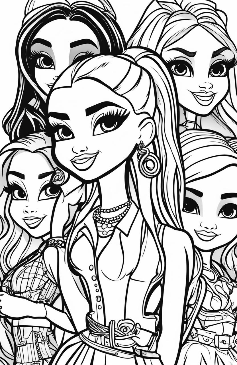 A new black and white illustration of different Bratz characters designed as a colouring book page