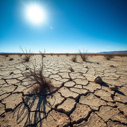An evocative arid landscape vividly illustrating drought conditions, characterized by cracked, dry earth stretching out under a relentless sun