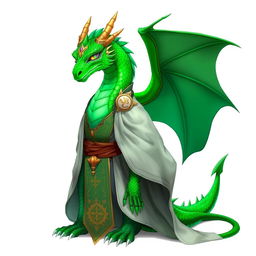 A male emerald humanoid dragon, characterized by his vibrant green scales and dragon-like features, elegantly dressed in cleric robes that display intricate designs and religious symbols
