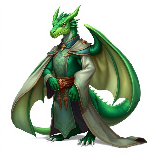 A male emerald humanoid dragon, characterized by his vibrant green scales and dragon-like features, elegantly dressed in cleric robes that display intricate designs and religious symbols