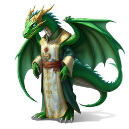 A male emerald humanoid dragon, characterized by his vibrant green scales and dragon-like features, elegantly dressed in cleric robes that display intricate designs and religious symbols