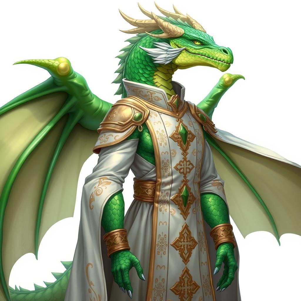 A male emerald humanoid dragon, characterized by his vibrant green scales and dragon-like features, elegantly dressed in cleric robes that display intricate designs and religious symbols