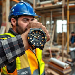 A constructor wearing a rugged tactical watch with a striking black and gold design, prominently displaying the word 'PROG'