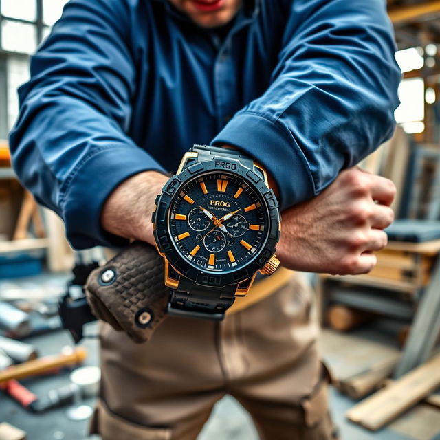 A constructor wearing a rugged tactical watch with a striking black and gold design, prominently displaying the word 'PROG'