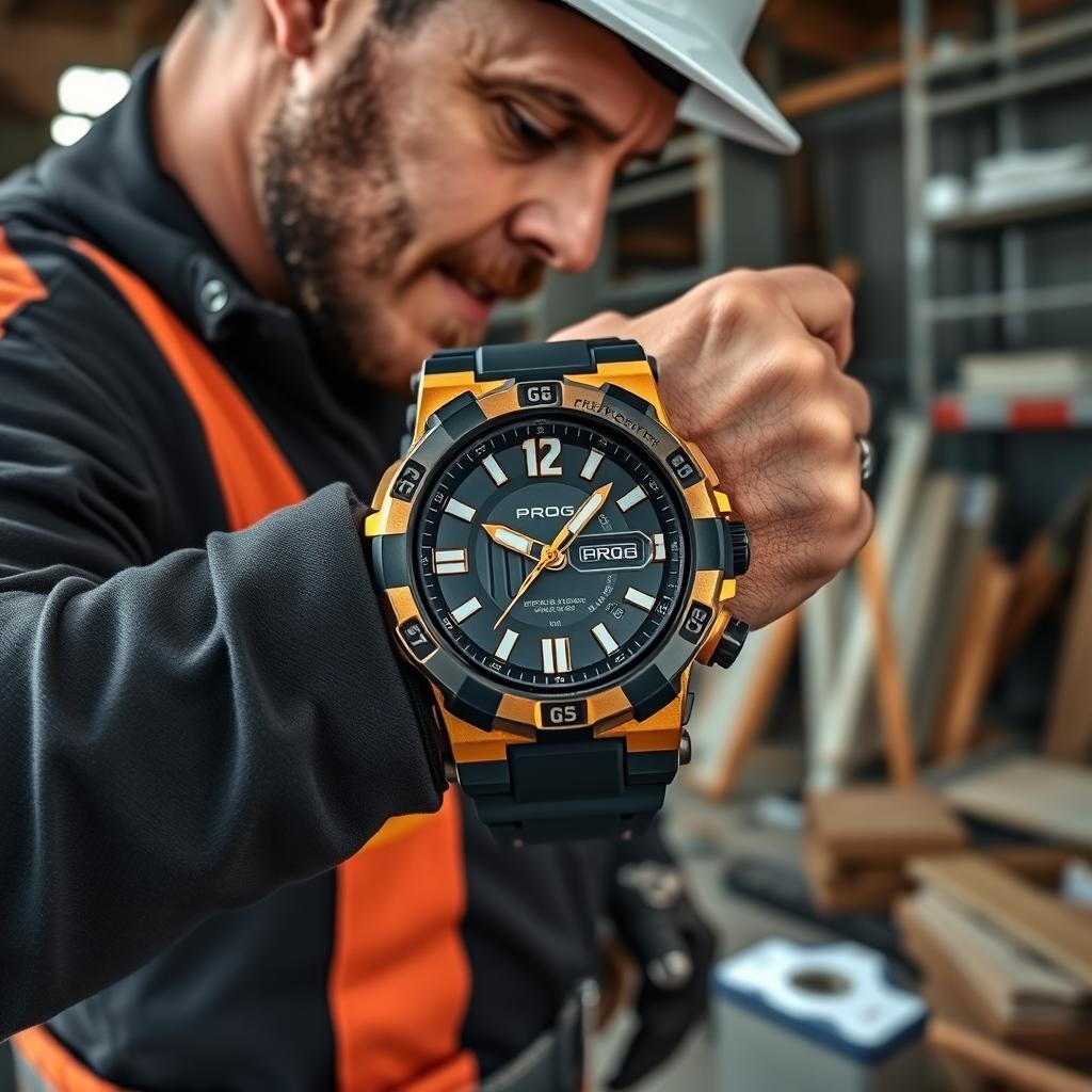 A constructor wearing a rugged tactical watch with a striking black and gold design, prominently displaying the word 'PROG'