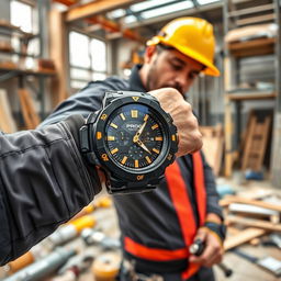 A constructor wearing a rugged tactical watch with a striking black and gold design, prominently displaying the word 'PROG'
