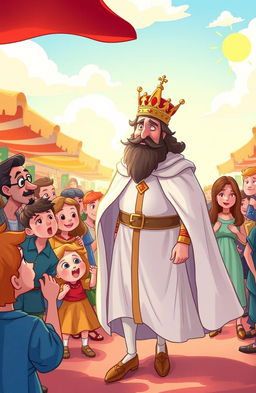 An illustration inspired by Hans Christian Andersen's 'The Emperor's New Clothes', featuring a majestic emperor dressed in invisible clothes, walking through a vibrant market filled with curious onlookers