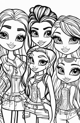 A new black and white illustration of different Bratz characters designed as a colouring book page