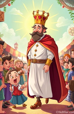 An illustration inspired by Hans Christian Andersen's 'The Emperor's New Clothes', featuring a majestic emperor dressed in invisible clothes, walking through a vibrant market filled with curious onlookers