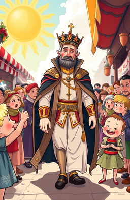 An illustration inspired by Hans Christian Andersen's 'The Emperor's New Clothes', featuring a majestic emperor dressed in invisible clothes, walking through a vibrant market filled with curious onlookers