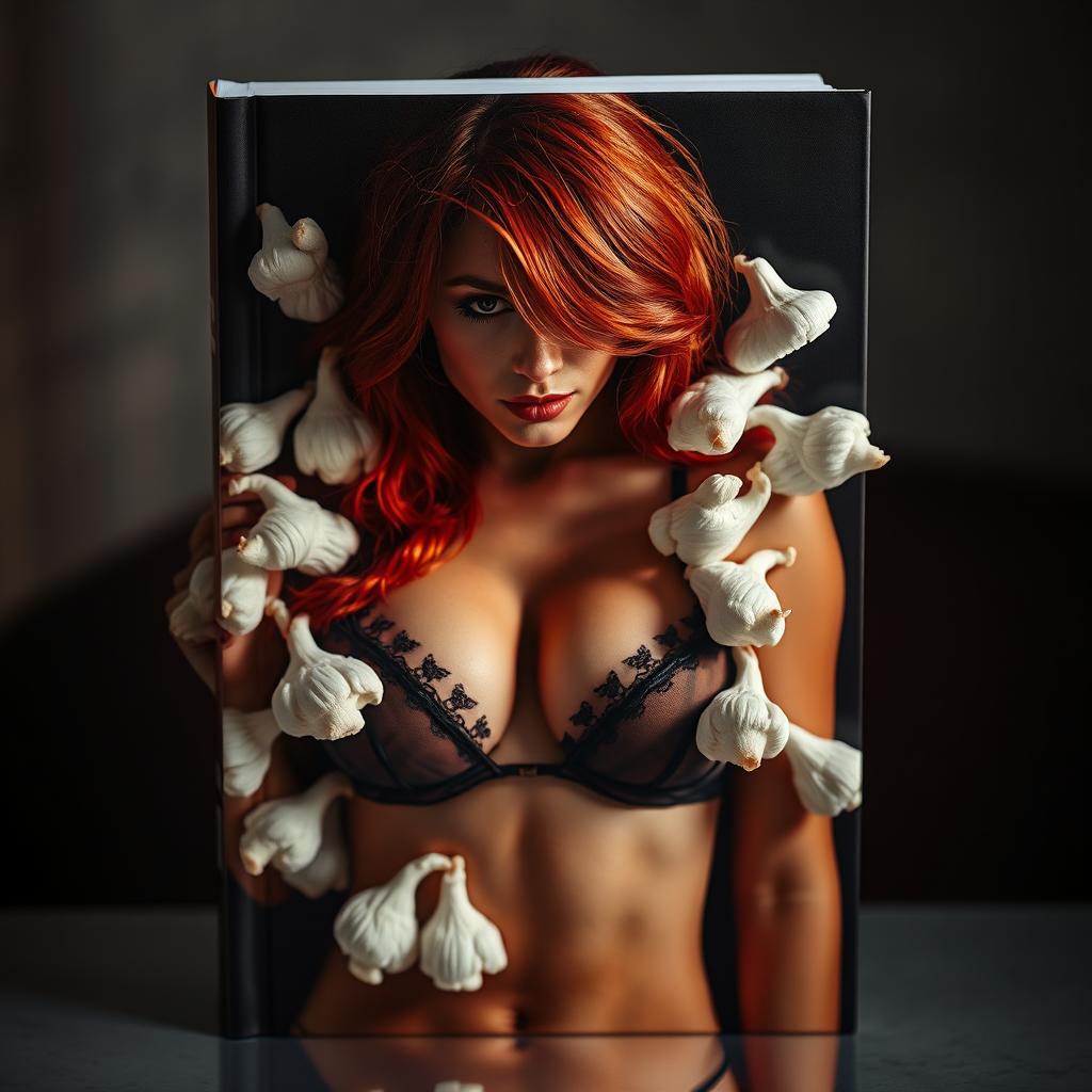 An erotic book cover featuring a striking red-haired woman in sexy lingerie, her face creatively obscured, and visually surrounded by a tastefully artistic arrangement of white cocks, enhancing the concept of sensuality