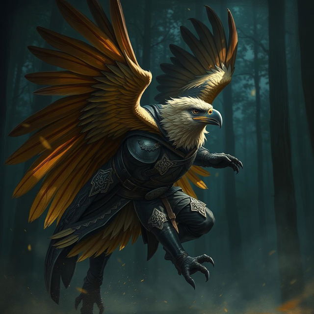 A dynamic and captivating illustration of an Eagle Aarakocra rogue in action, showcasing detailed feathery wings with rich browns and golds