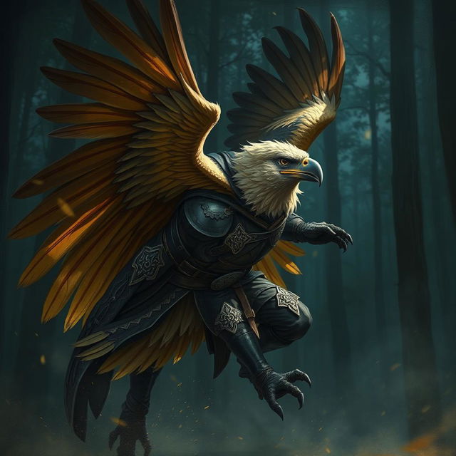 A dynamic and captivating illustration of an Eagle Aarakocra rogue in action, showcasing detailed feathery wings with rich browns and golds