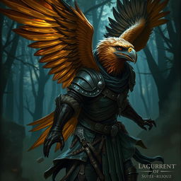 A dynamic and captivating illustration of an Eagle Aarakocra rogue in action, showcasing detailed feathery wings with rich browns and golds