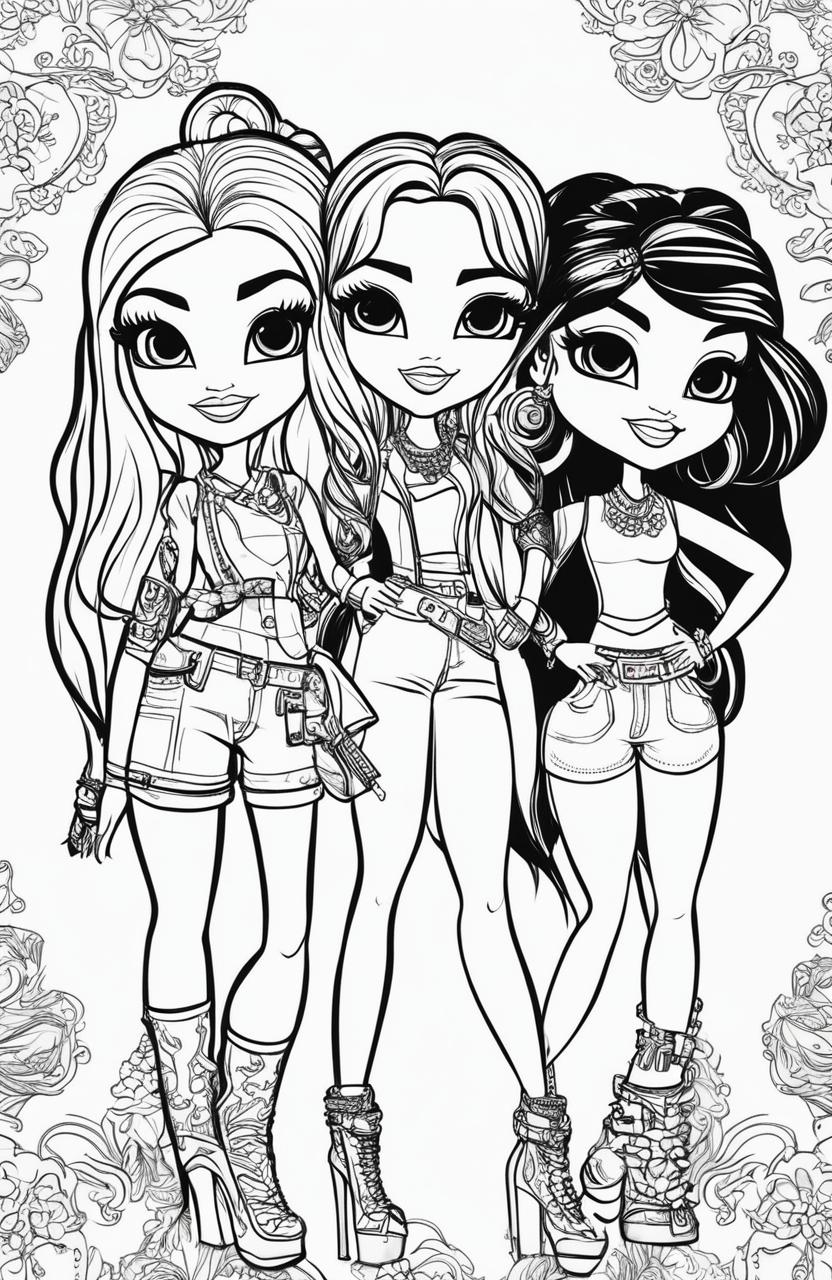 A new black and white illustration of different Bratz characters designed as a colouring book page