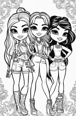 A new black and white illustration of different Bratz characters designed as a colouring book page