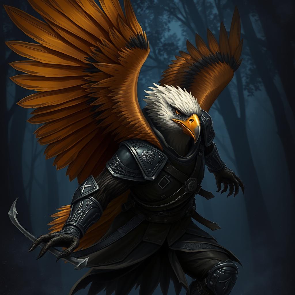 A dynamic and captivating illustration of an Eagle Aarakocra rogue in action, showcasing detailed feathery wings with rich browns and golds