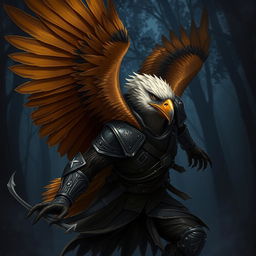 A dynamic and captivating illustration of an Eagle Aarakocra rogue in action, showcasing detailed feathery wings with rich browns and golds