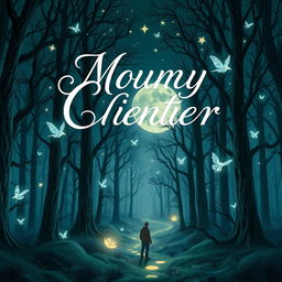 A captivating and mystical book cover design depicting a moonlit forest with tall, ancient trees and ethereal glowing creatures fluttering among the branches