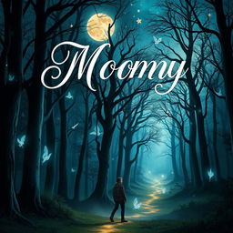 A captivating and mystical book cover design depicting a moonlit forest with tall, ancient trees and ethereal glowing creatures fluttering among the branches