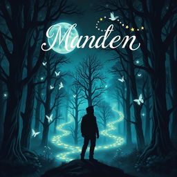 A captivating and mystical book cover design depicting a moonlit forest with tall, ancient trees and ethereal glowing creatures fluttering among the branches