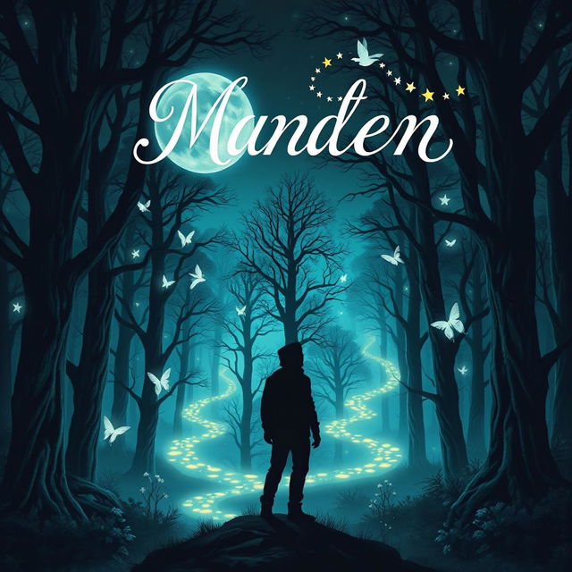 A captivating and mystical book cover design depicting a moonlit forest with tall, ancient trees and ethereal glowing creatures fluttering among the branches