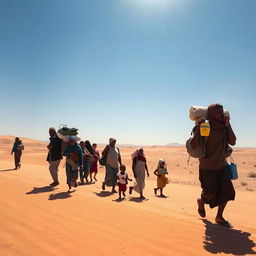 A compelling scene of a diverse group of people migrating through a vast desert landscape, showcasing their resilience and determination